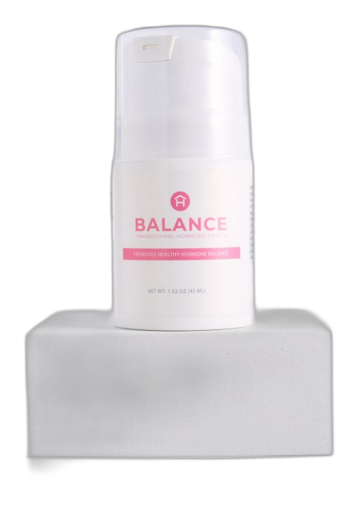 BALANCE hormone cream bottle on pedestal