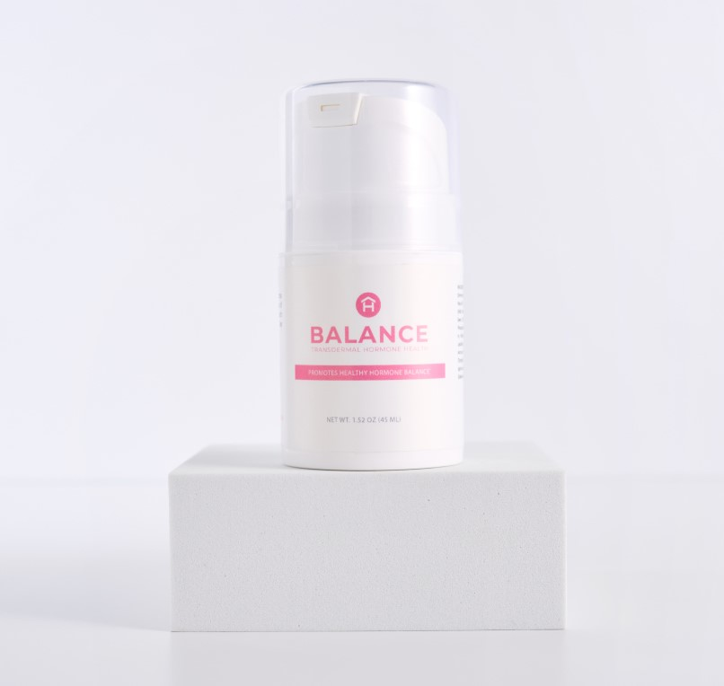 BALANCE transdermal hormone health cream bottle on pedestal